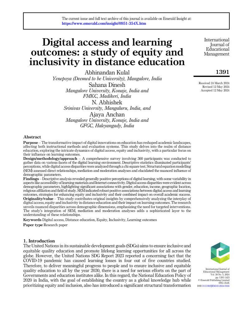Digital Access in Distance Education Equity | PDF | Educational ...