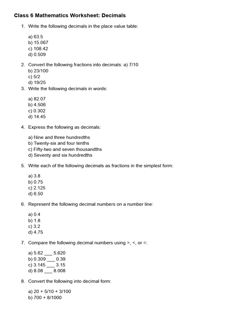 Class 6 Mathematics Worksheet Decimals | PDF