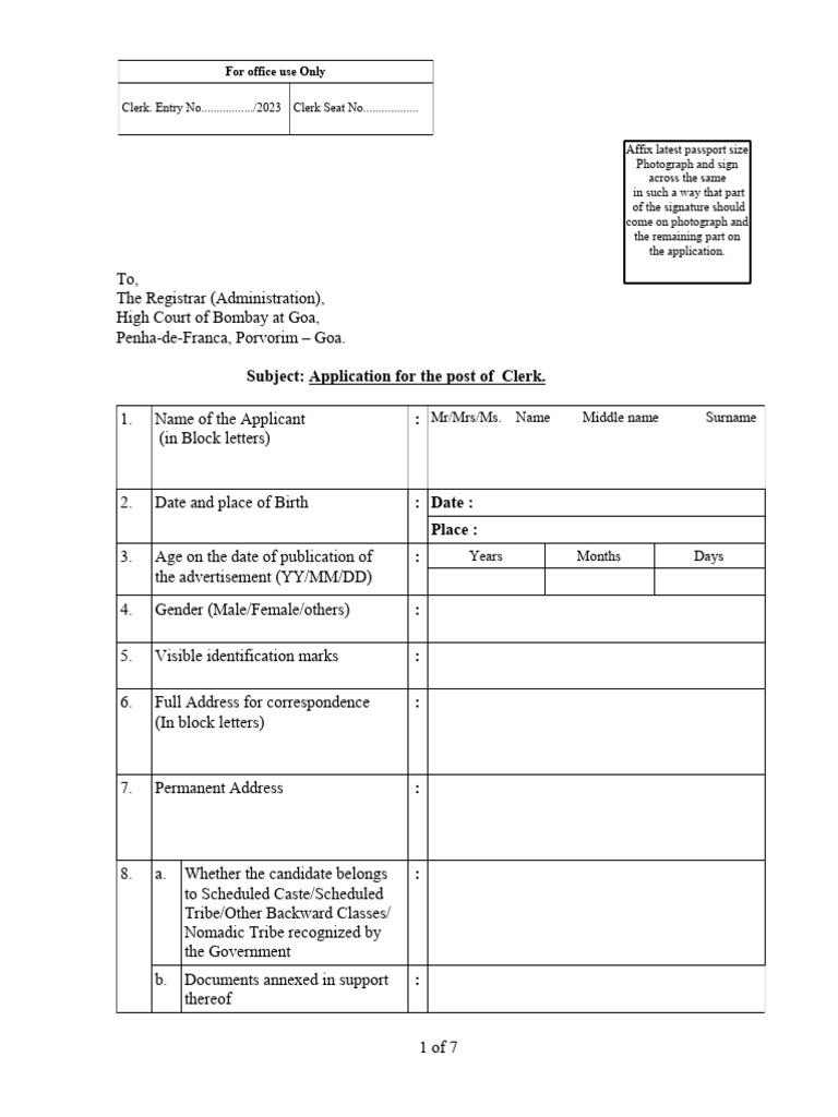 High Court Clerk Application Form | PDF | Identity Document