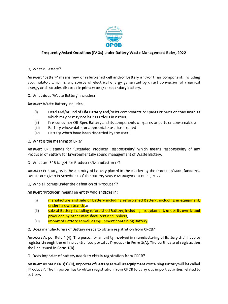 FAQs on Battery Waste Management Rules | PDF | Waste | Economy And The ...
