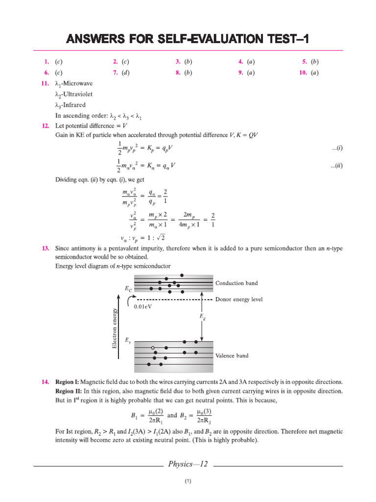 Cbse Cl12 Pyqs Physics Answers To Self-Evaluation Test 1 | PDF