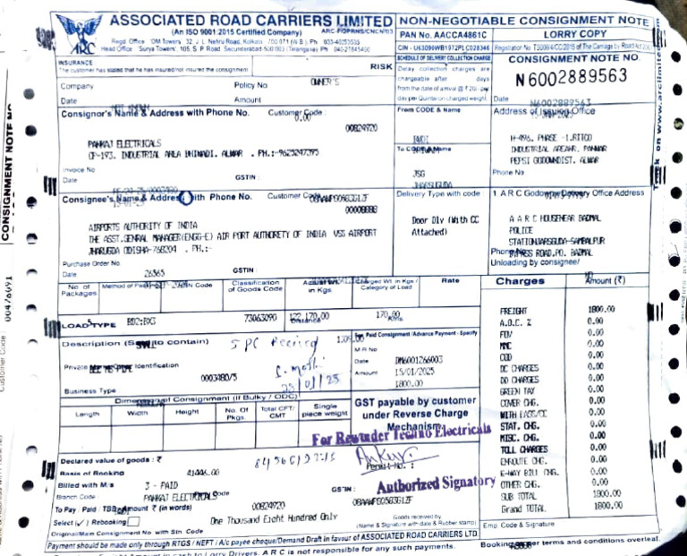 Consignment Note and Invoice Details | PDF