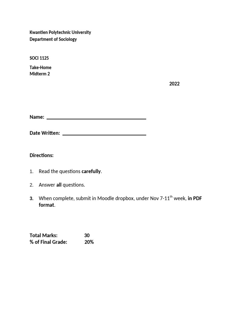SOCI 1125 Midterm Exam Guidelines | PDF | Socialization | Adults