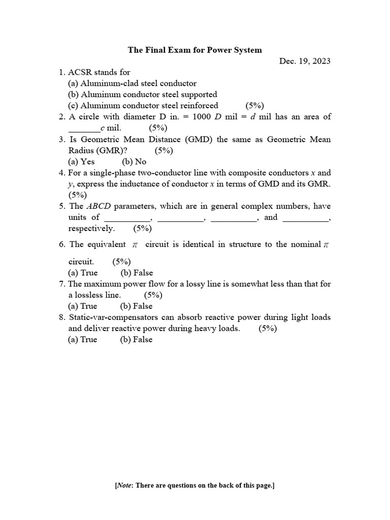 Power System Final Exam Questions | PDF