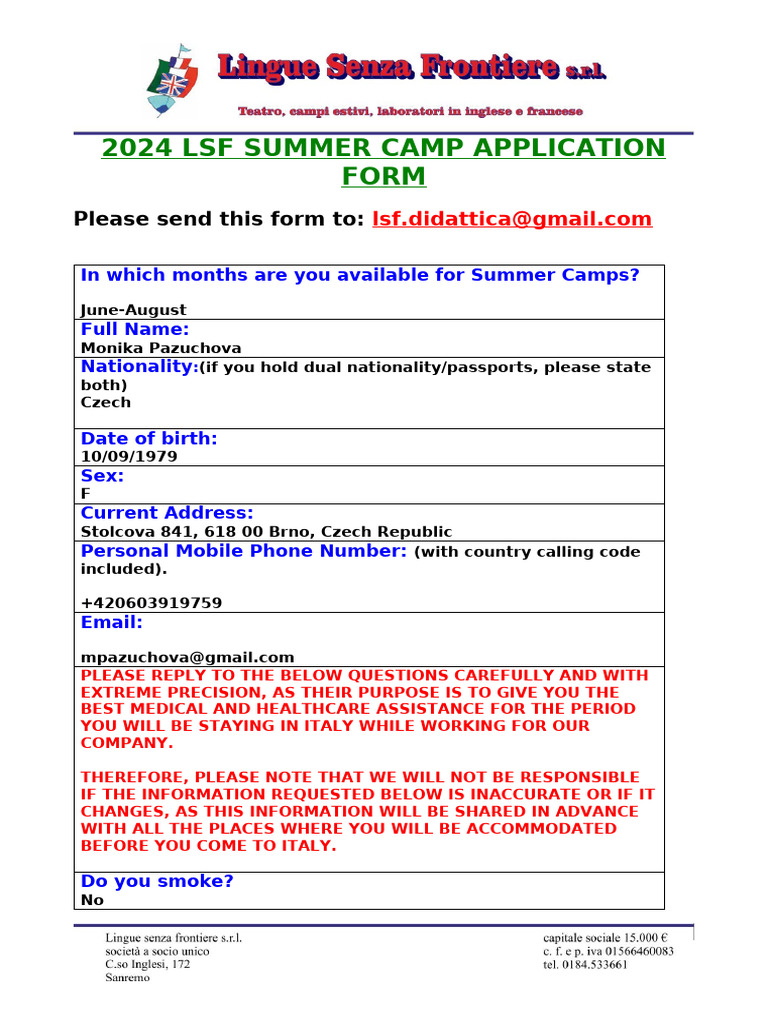 2024 LSF Summer Camp Application Form | PDF | Allergy