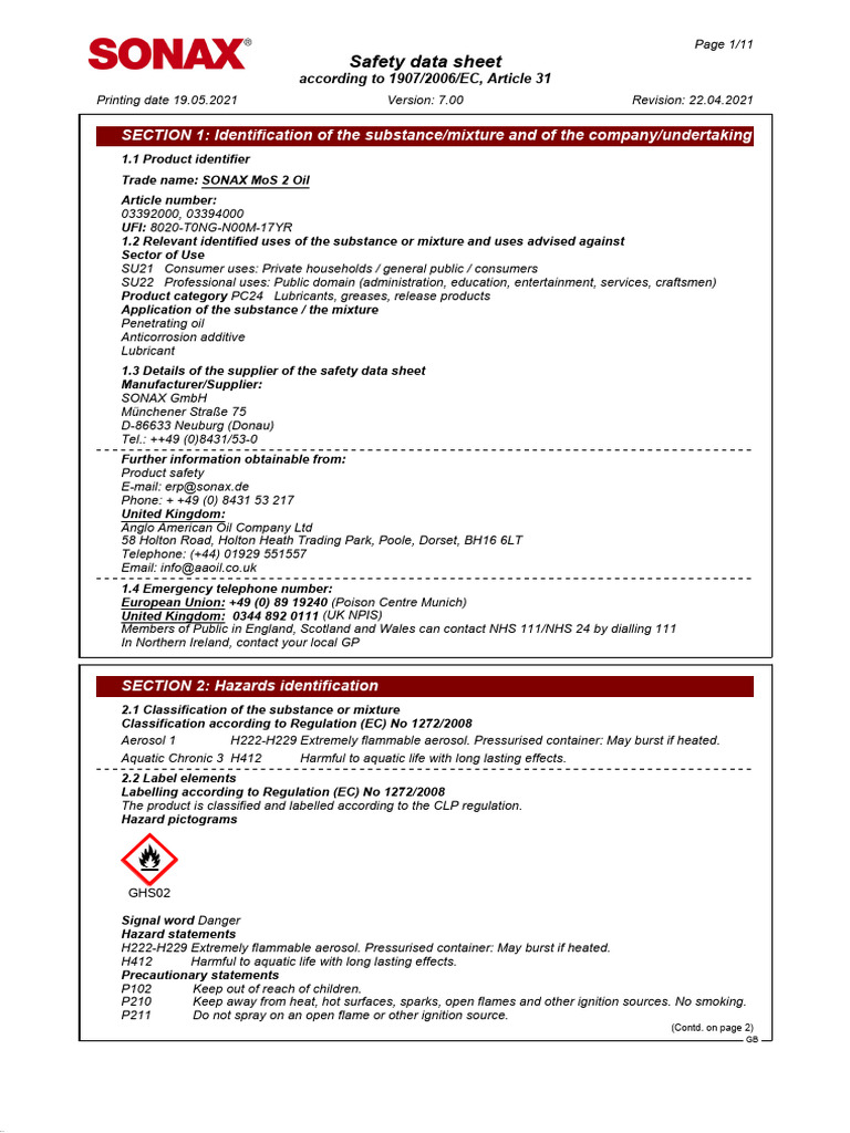SONAX MoS 2 Oil Safety Data Sheet | PDF | Dangerous Goods | Toxicity