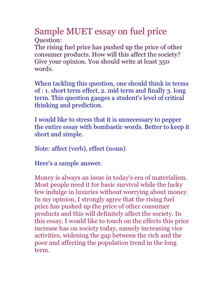 Sample MUET Essay On Fuel Price PDF