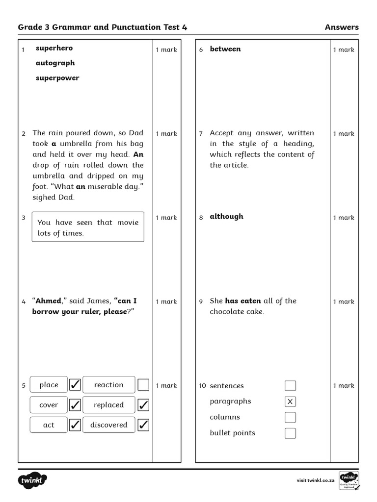 Year 3 English Grammar and Punctuation Test 4 - Answers | PDF