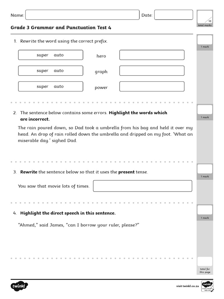 Grade 3 Grammar and Punctuation Test | PDF | English Grammar | Semantic ...