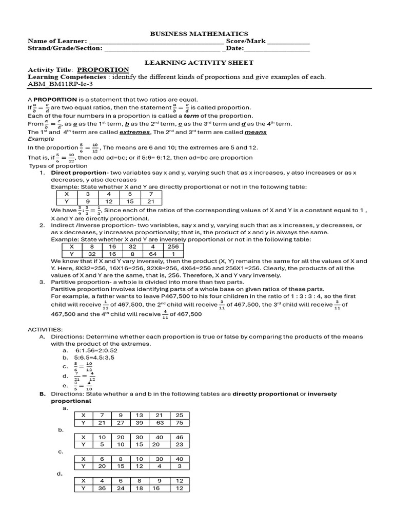 LAS - Business Math - Ratio Proportion | PDF | Mathematics