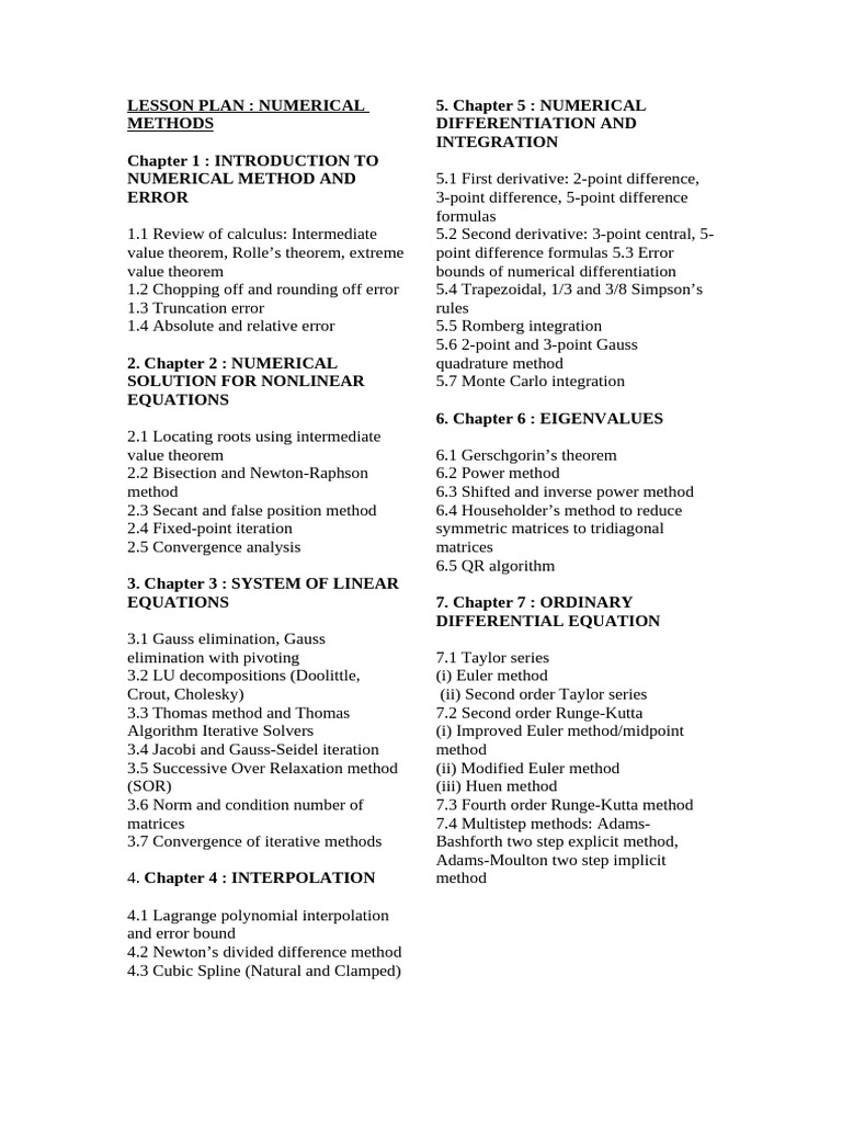 LESSON PLAN. NUMERICAL METHODSdocx | PDF | Numerical Analysis | Mathematics