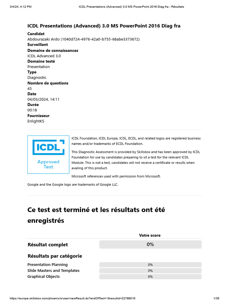 Résultats du diagnostic ICDL PowerPoint 2016 | PDF | Microsoft Powerpoint