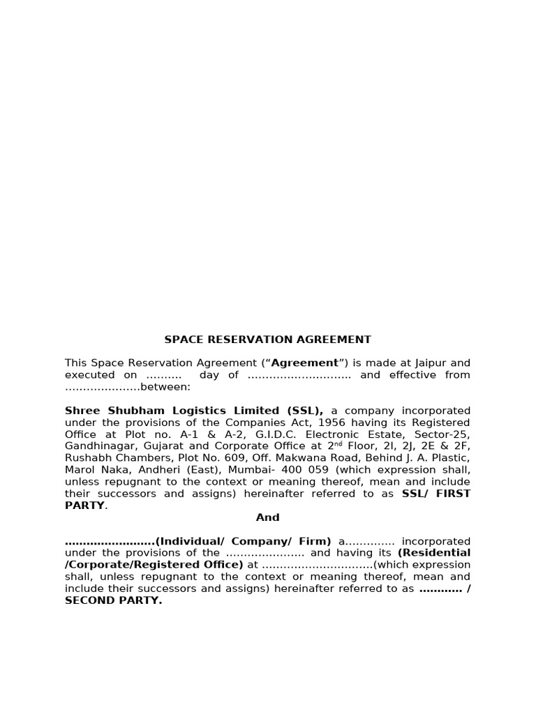Space Reservation Agreement Template | PDF | Indemnity | Private Law