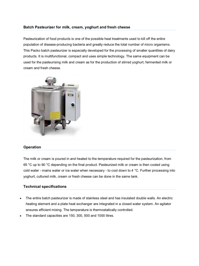 Batch Pasteurizer For Milk | PDF | Refrigeration | Ice