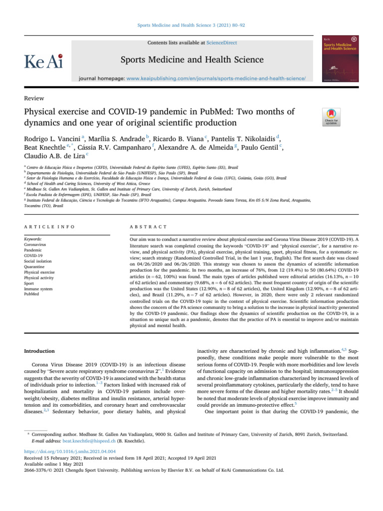Physical Exercise and COVID 19 Pandemic in PubMed Two - 2021 - Sports ...