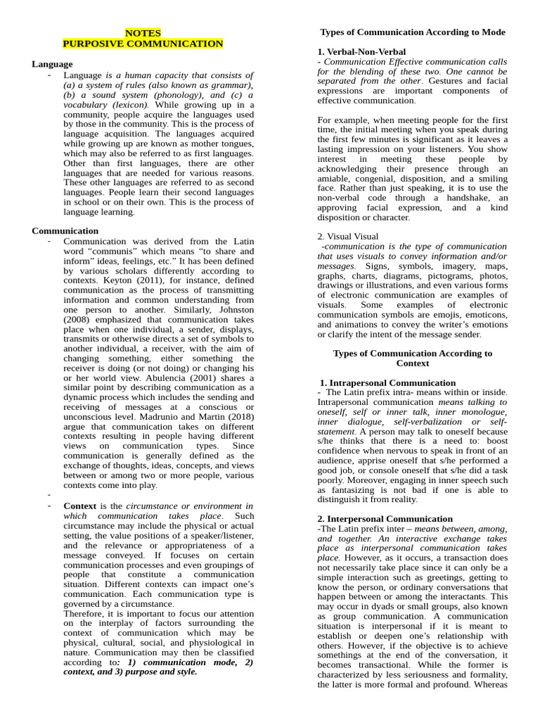 NOTES IN PURPOSIVE COMMUNICATION | PDF | Communication | Psychological ...