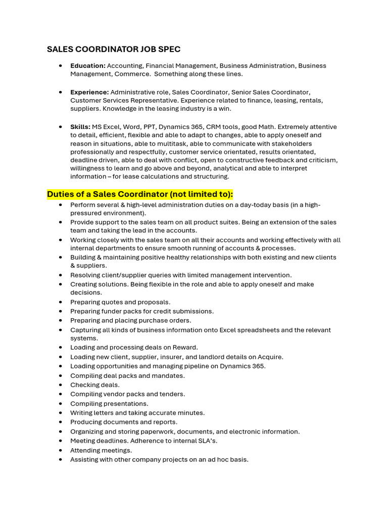 Sales Coordinator Job Spec - Updated July 2024 | PDF | Customer ...