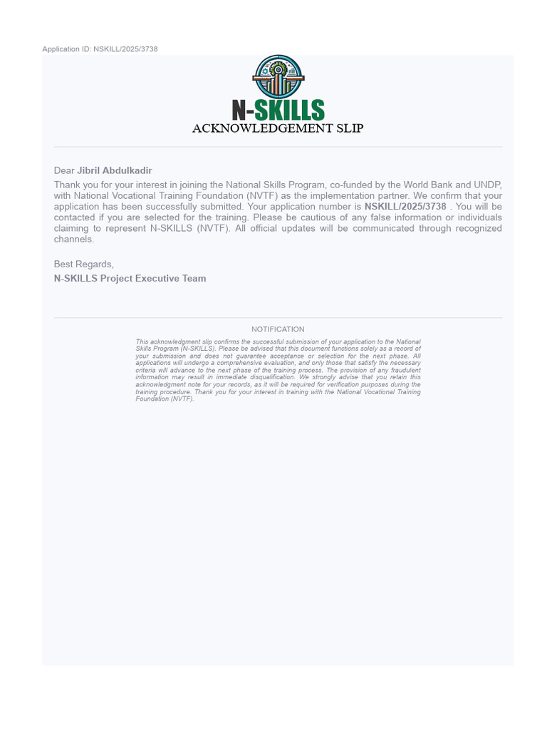 NSKILL Application Acknowledgment Slip | PDF