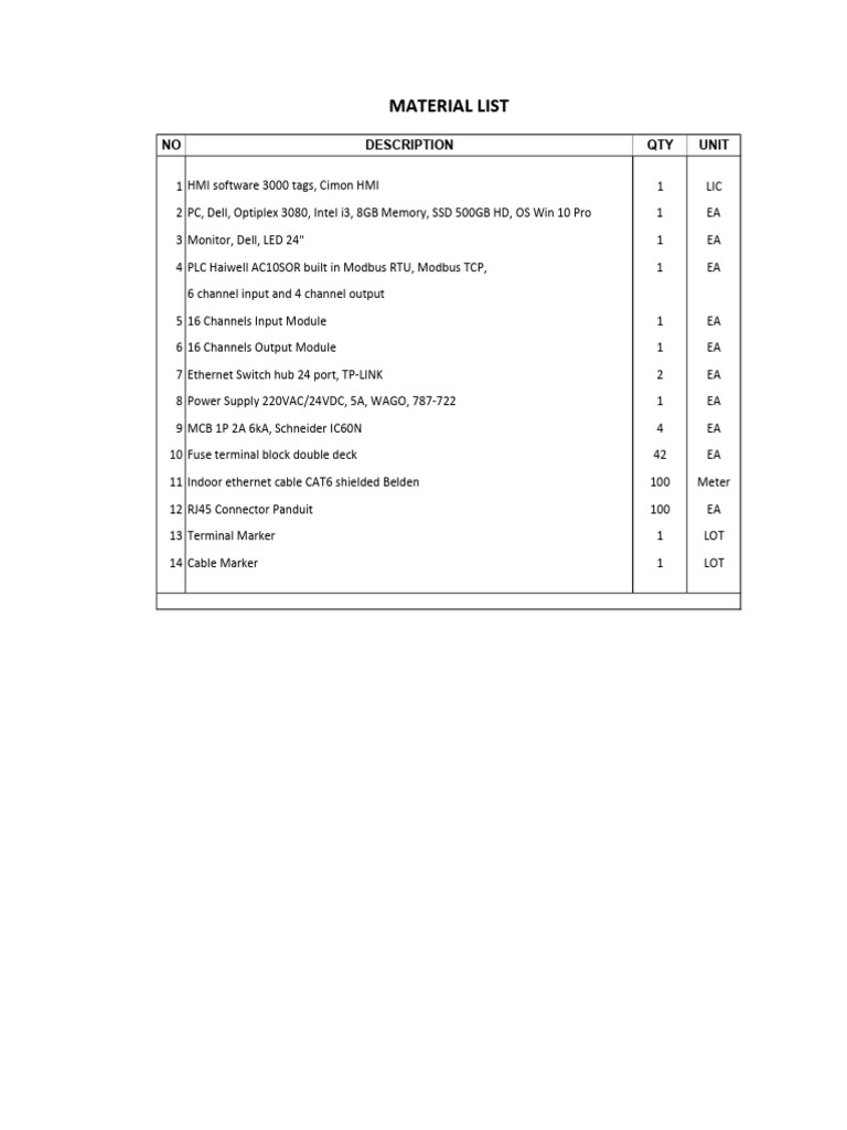 Industrial Equipment Material List | PDF