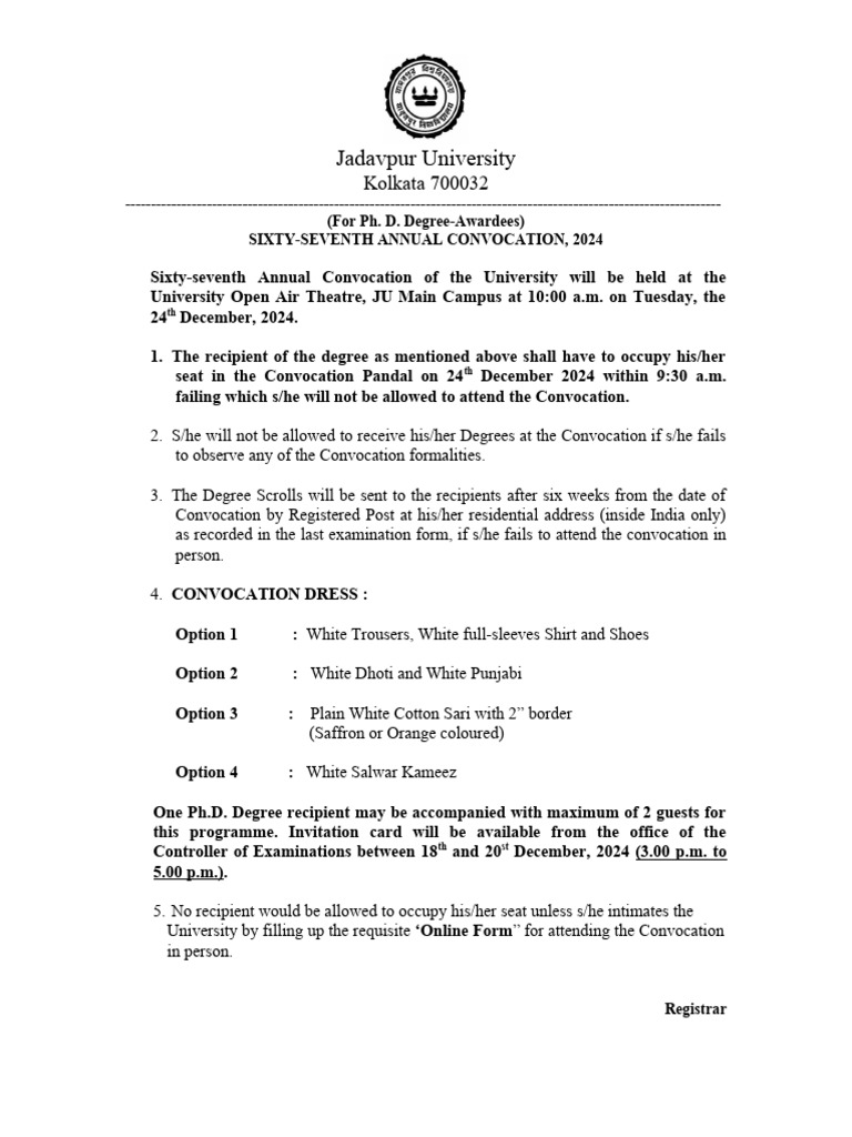 JU Ph.D. Convocation 2024 Dress Code | PDF