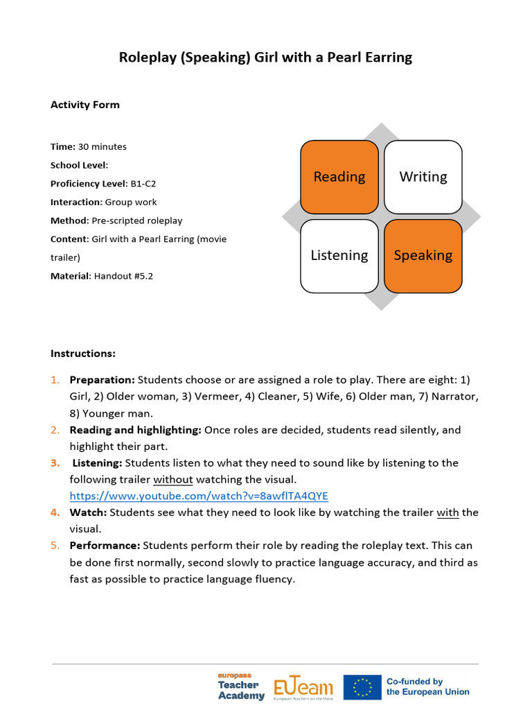 Roleplay Activity: Girl with a Pearl Earring | PDF