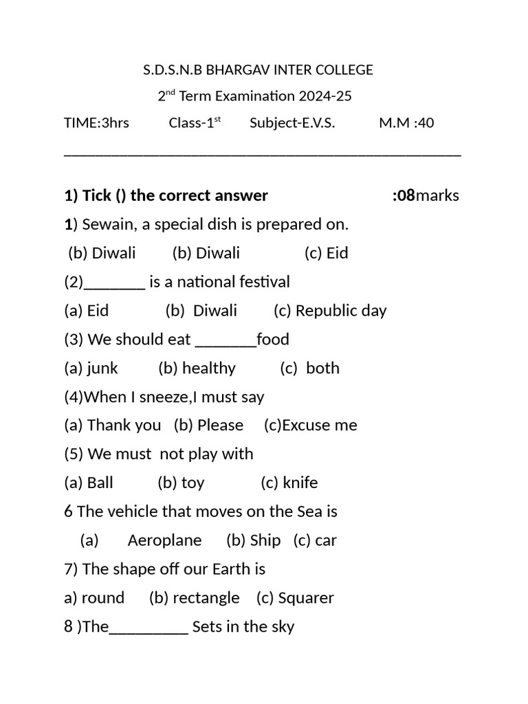 E.V.S. Exam Paper for Class 1 | PDF