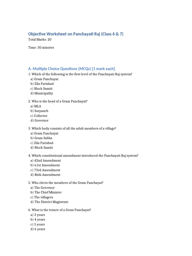 Class 6 Panchayati Raj MCQ Worksheet | PDF