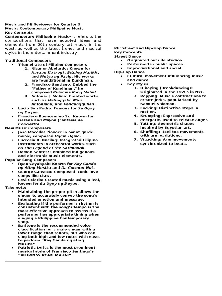 Quarter 3 Music and PE Review Guide | PDF | Musicology | Performing Arts