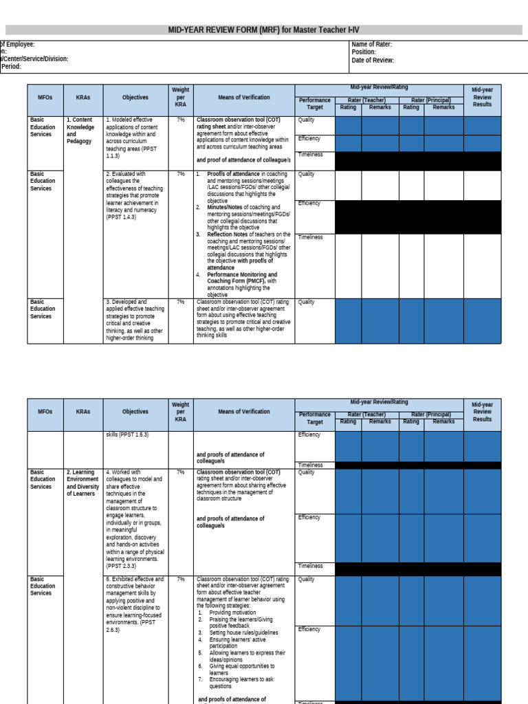 Midyear Review Form For Master Teachers - SY2022-2023 | PDF ...