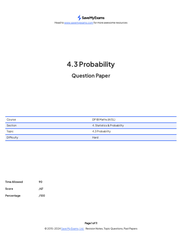 IB Maths Probability Question Paper | PDF | Probability | Probability ...
