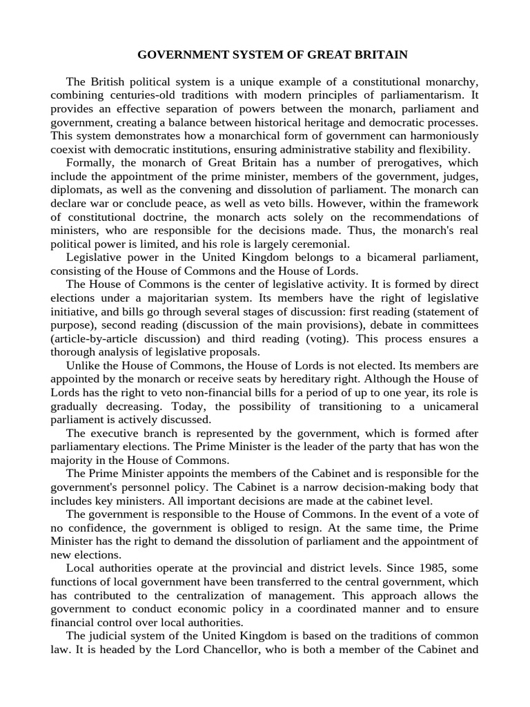 GOVERNMENT SYSTEM OF GREAT BRITAIN | PDF | House Of Commons Of The ...