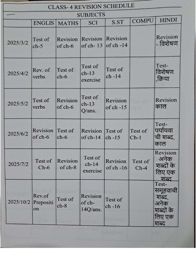 Class 4 Revision Schedule | PDF