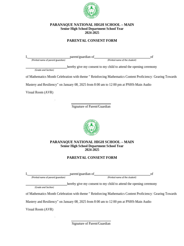 Parental Consent for Math Month Event | PDF