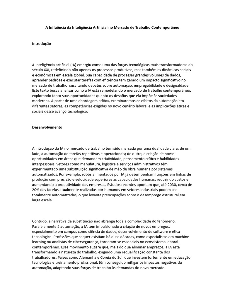 Impacto da IA no Mercado de Trabalho | PDF | Inteligência artificial ...