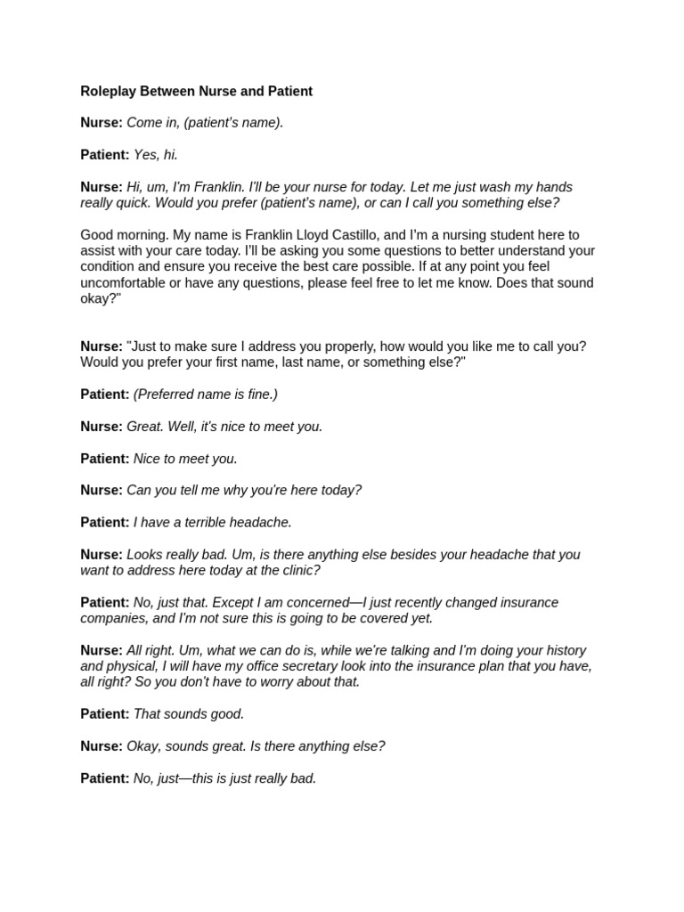 Nurse-Patient Roleplay: Headache Assessment | PDF | Nursing | Medicine