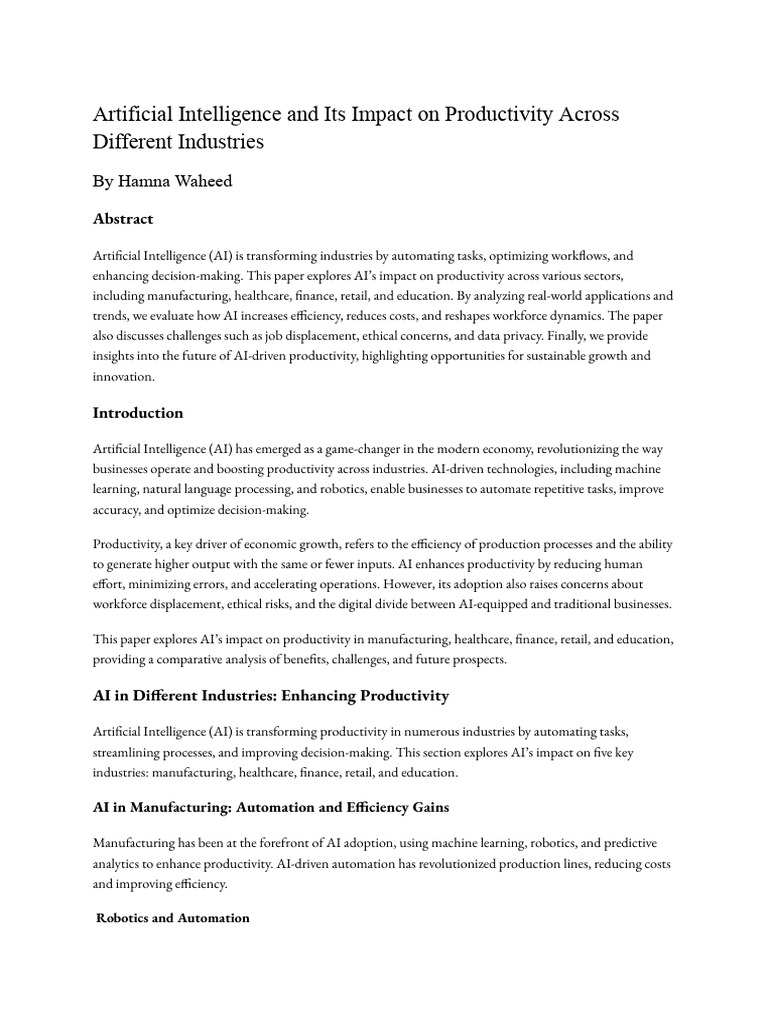Artificial Intelligence and Its Impact On Productivity Across Different ...