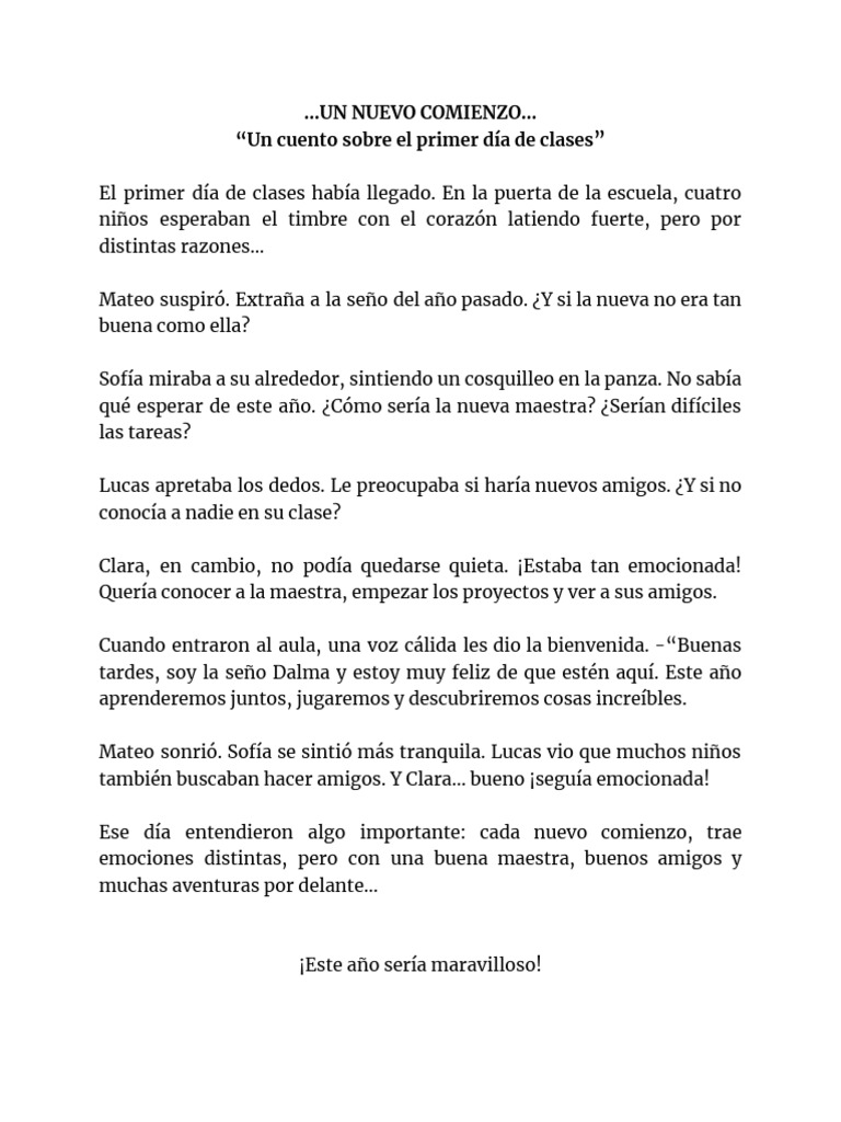 Cuento: El Primer Día de Clases | PDF