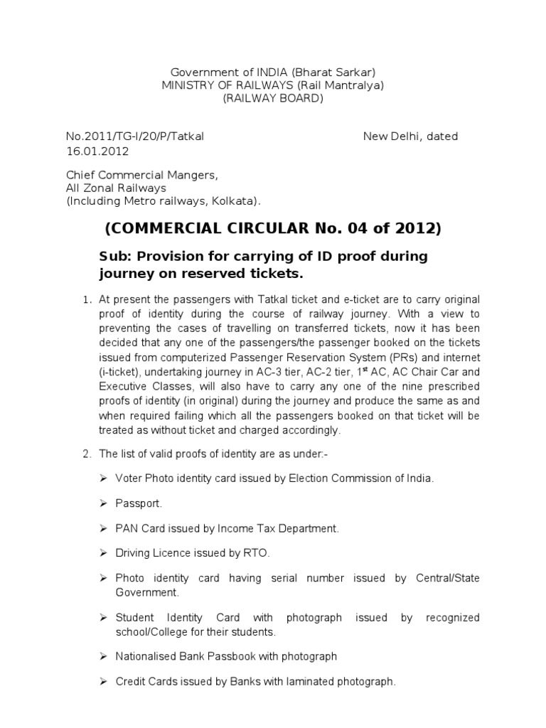 Indian Railway Commercial Circular Identity Document Government And Personhood