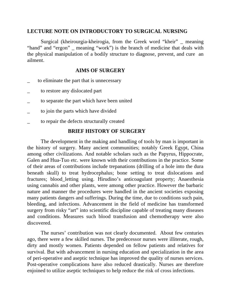 Main INTRODUCTORY TO SURGICAL NURSING | PDF | Anesthesia | Surgery