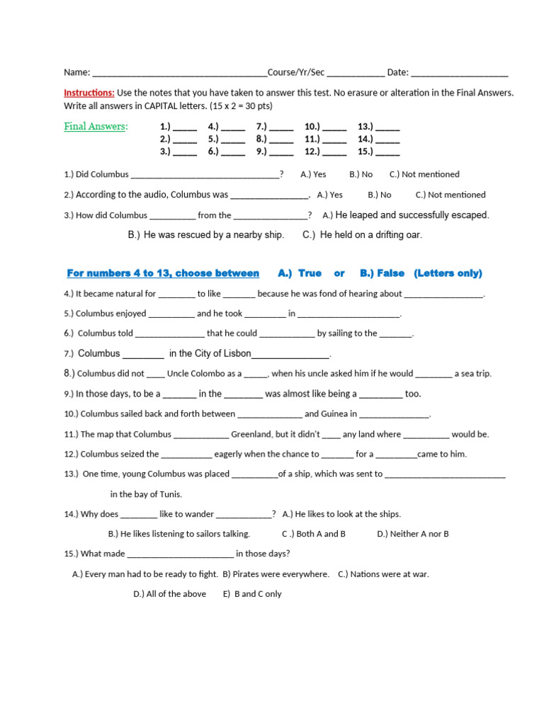 Columbus Test Answer Sheet | PDF | Water Transport | Ships
