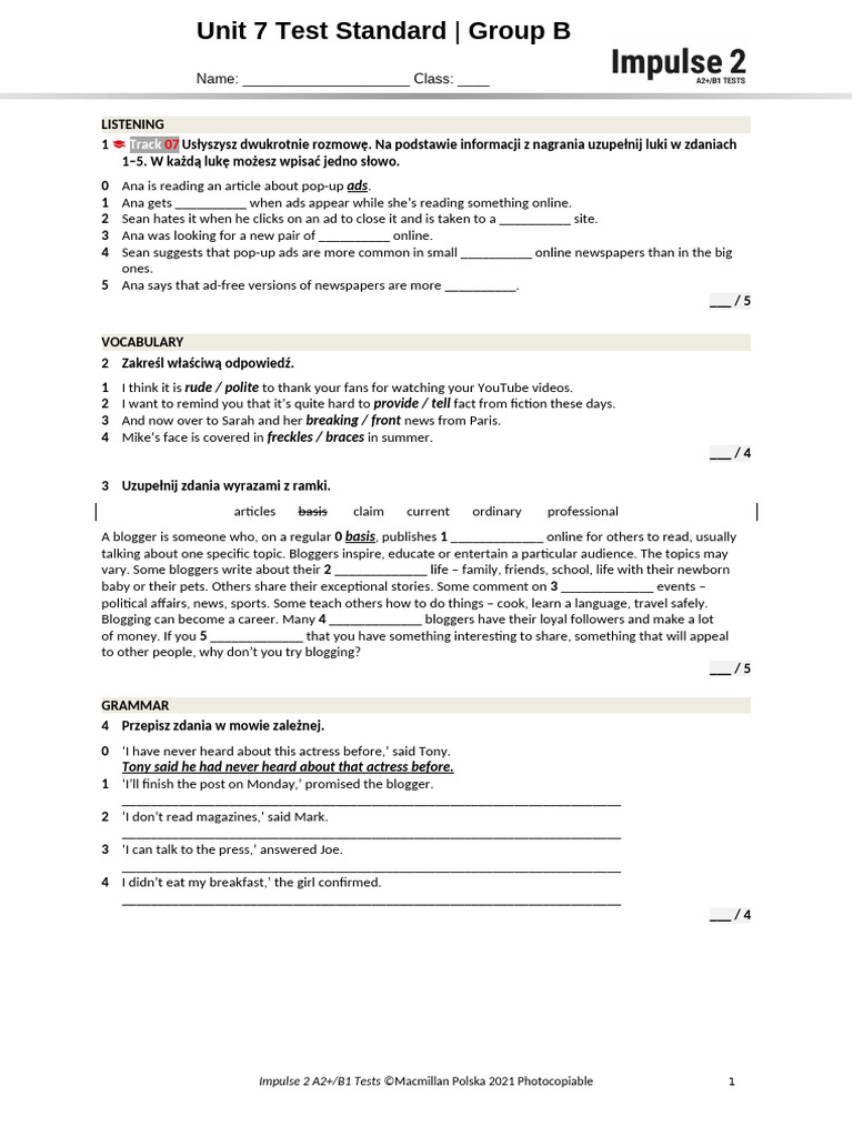 Unit 7 Test: Listening & Vocabulary | PDF | Newspapers | News