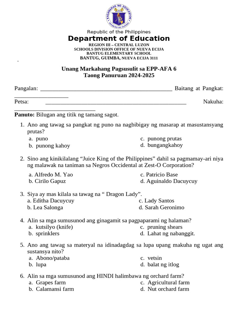 Unang-Markahang-Pagsusulit EPP AFA 6 B | PDF