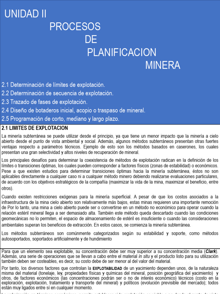 UNIDAD II Planificaciòn Minera | PDF | Minería | Economias