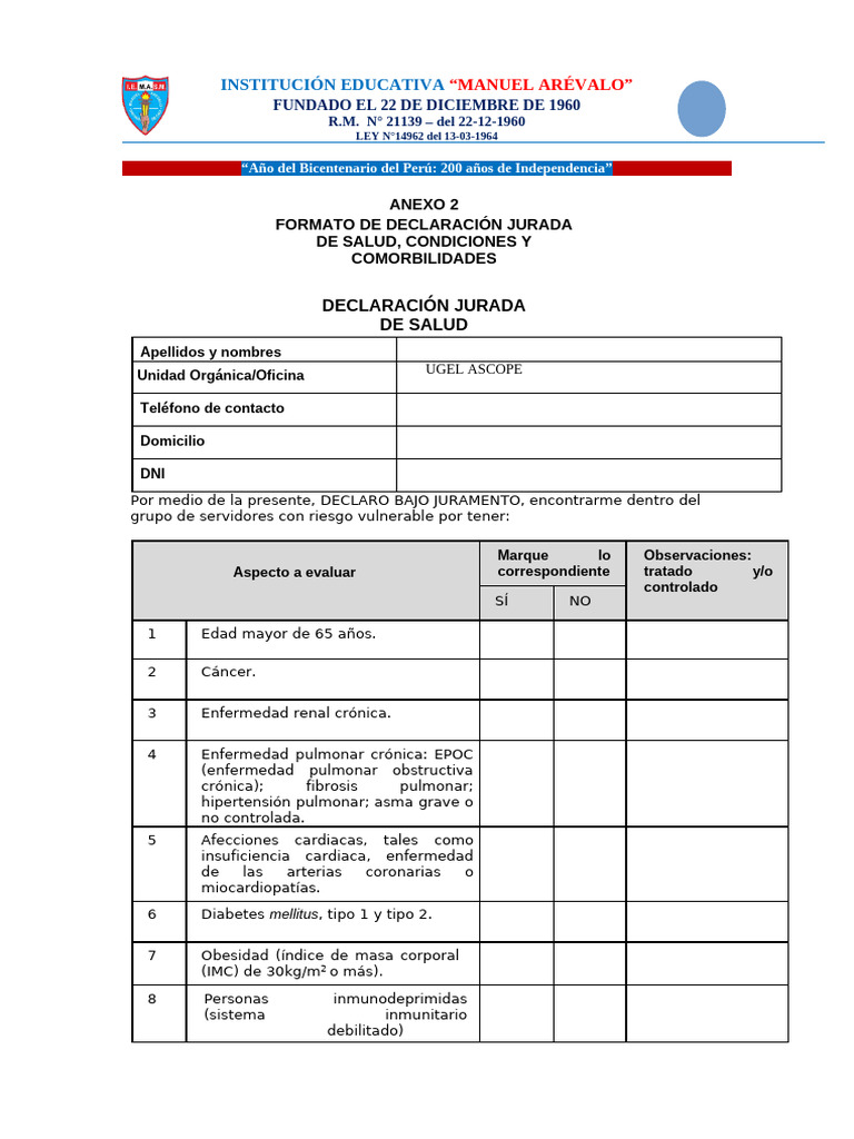 Declaración Jurada de Salud Docente | PDF | Hipertensión | Carrera
