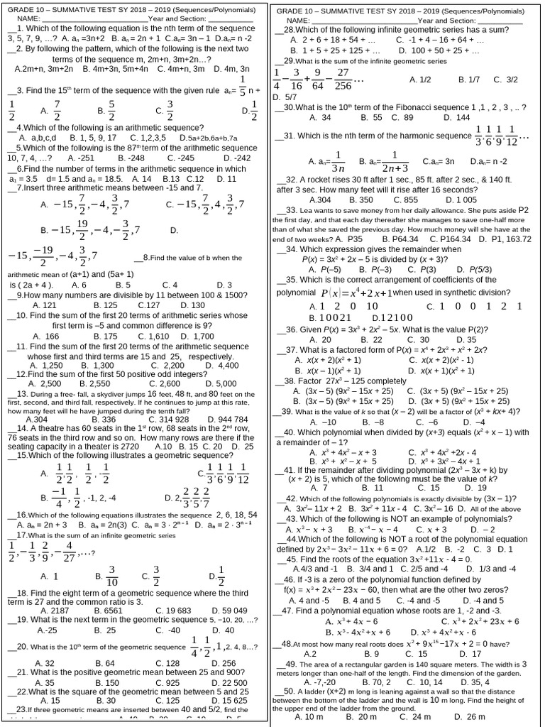 Grade 10 Summative Test: Sequences & Polynomials | PDF | Zero Of A ...