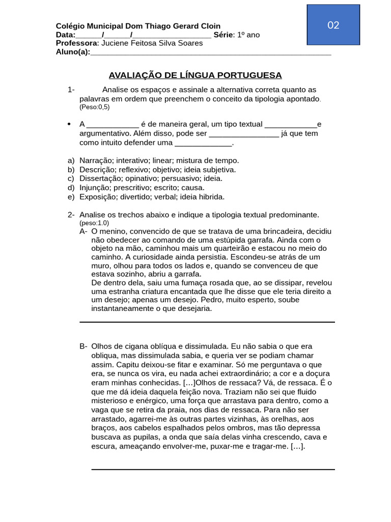 Avaliação de Língua Portuguesa 1º Ano | PDF