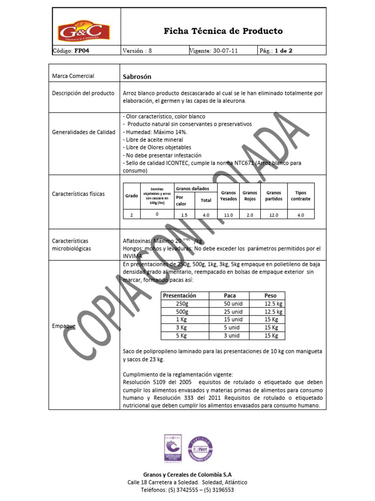 Ficha Técnica de Arroz Sabrosón | PDF | Arroz | Alimentos