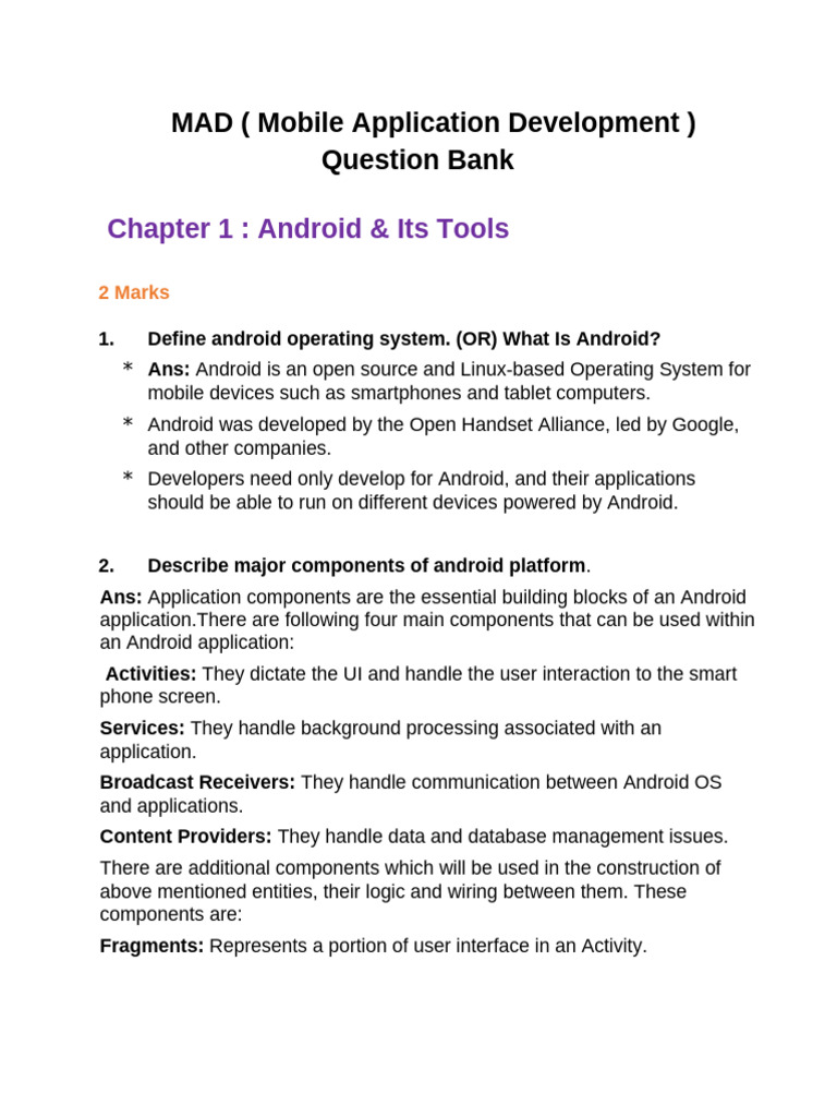 MAD Question Bank 1st 3 CHPT | PDF | Android (Operating System) | Java ...