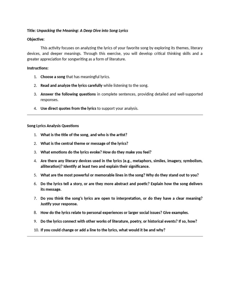 ACTIVITY 2 Unpacking The Meaning A Deep Dive Into Song Lyrics | PDF ...