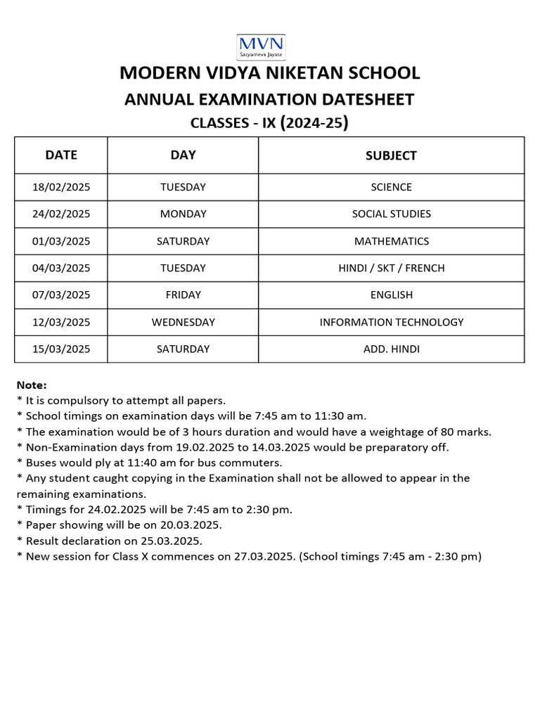 Class IX Annual Exam Dates 2025 | PDF